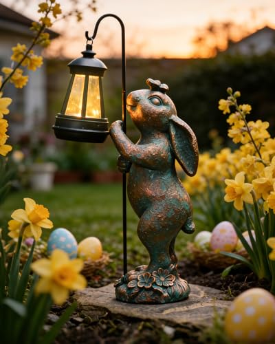 Garden Statues Outdoor Bunny with Solar Lantern