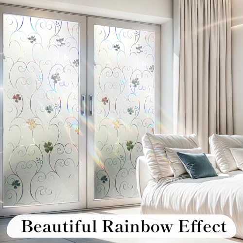 Window Privacy Film 3D Flower Pattern Stained Glass Window Film Frosted Rainbow Window Film Decorative Decals Removable Static Clings Vinyl Anti UV Window Cling for Home 17.4 x 78.7 inches