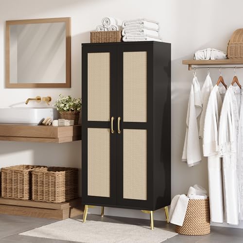 Tall Bathroom Storage Cabinet 57" Rattan Pantry Cabinet