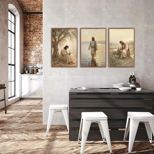 KAlRNE Jesus sheep Large Wall Art Christian Framed Print Set (3 Count)