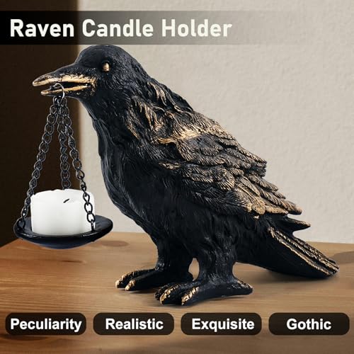 Gothic Crow Lamp with Tealight Candle Holder Resin Raven Decor Statue Gothic Home Decor for Bedroom Unique Goth Gifts Wearing Gold
