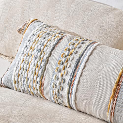Chenille Striped Textured Boho Throw Pillow Covers Aesthetic with Tassels Woven Decorative Pillow Case for Couch Bed Sofa Bedroom Modern Funky 14 x 36