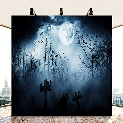 10x10ft Spooky Halloween Graveyard Backdrop Foggy Full Moon Horror Scene