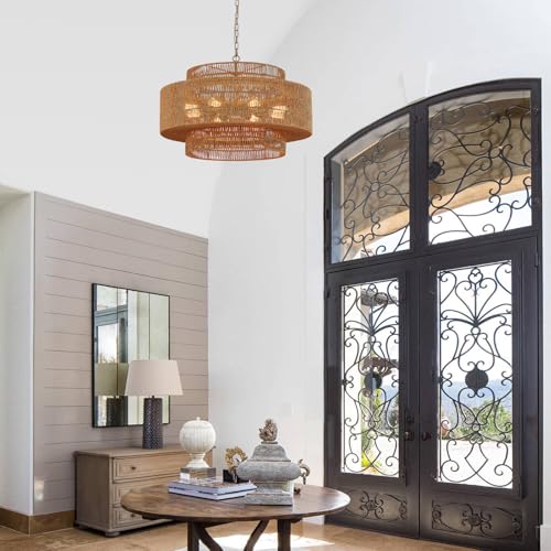 31" Large Gold Rattan Chandelier