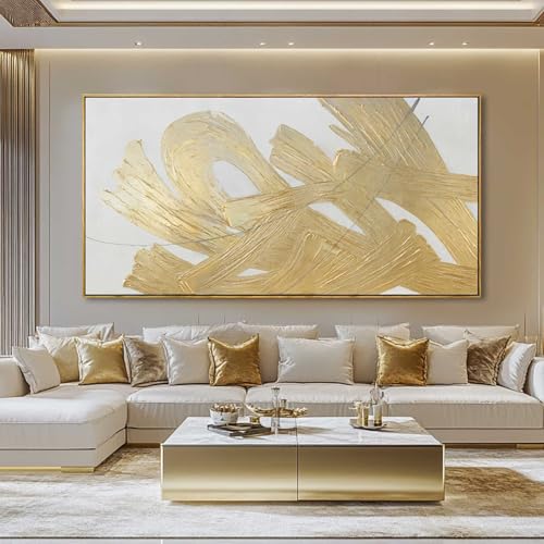 White and Gold Wall Painting Neutral Wall Decor Modern Abstract Wall Art Minimalist Art 29"x58" Artwork for Living Room Kitchen Dining Room