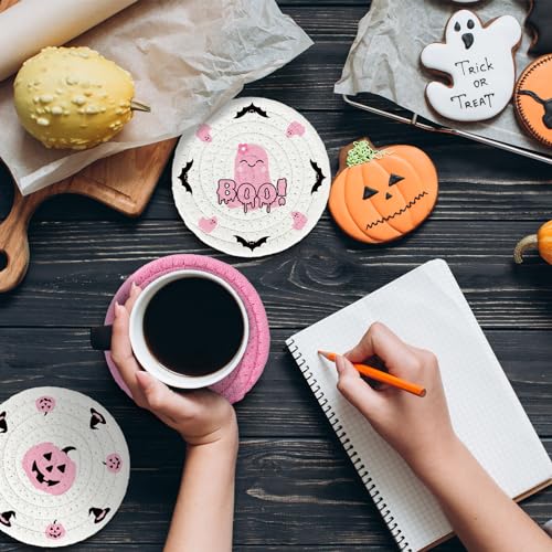 4Pcs Halloween Handmade Braided Cotton Coasters Pink Black Pumpkin Ghost Boo Drink Coasters Absorbent Cup Mat for Home Office Party Decor (4 Count)