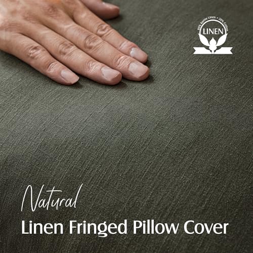 Decorative Linen Fringe Throw Pillow Covers 22×22 Dark Green (2 Count)