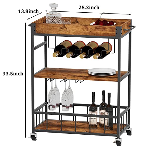 Bar Cart Serving Wine 3 Tier Home Rolling Rack with Wheels Mobile Kitchen Industrial Vintage Style Wood Metal Serving Trolley Serving Cart