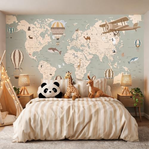 Animal Aircraft Map Peel and Stick Wallpaper for Kids Room