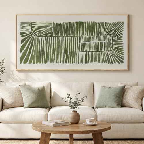 Large Framed Horizontal Green Abstract Botanical Canvas Wall Art