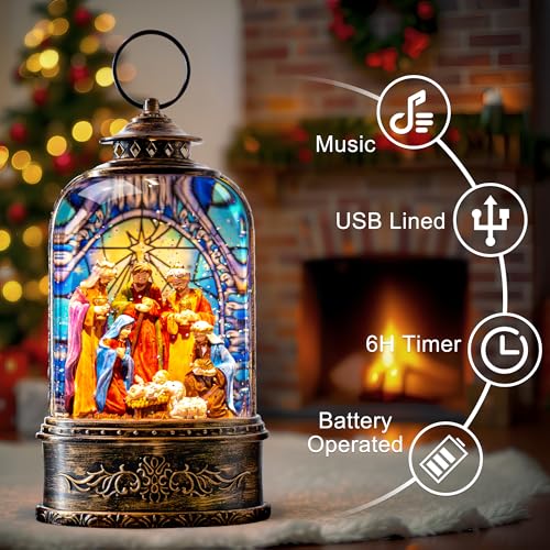 Christmas Snow Globe Water Lantern with Nativity Scene Battery Operated or USB Powered Musical Lighted Holiday Decoration for Tabletop Display for Family and Friends