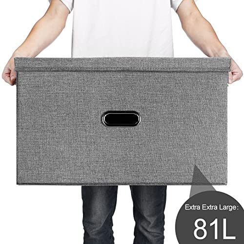 Large Linen Fabric Foldable Storage Bins with Removable Lid and Handles