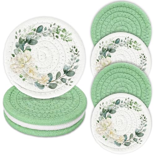 Eucalyptus Floral Cotton Coasters Flower Leaves Handmade Braided Drink Coasters Green Absorbent Cup Mat for Spring Wedding Baby Shower Party Home Office Table Decor (4 Count)