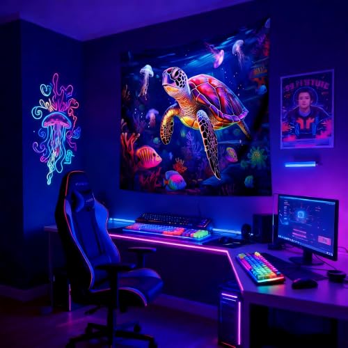 Blacklight Turtle Tapestry Glow in the Dark Ocean Tapestry Wall Hanging Black Light Sea Turtle Poster for Kids Teen Room Bedroom Decor 59.1" L x 59.1" W