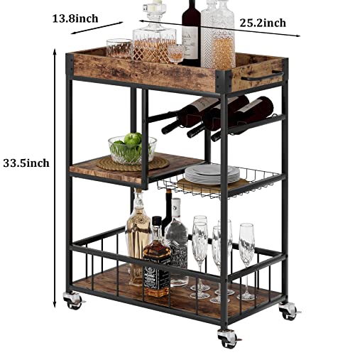 Bar Cart with Basket Wine Rack with Wheels Wood Metal Cart