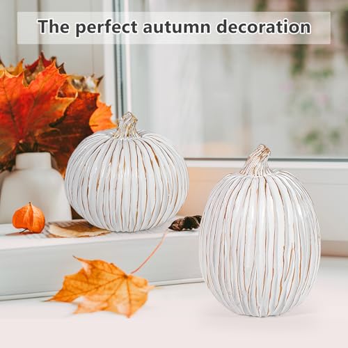 2Pcs Halloween Pumpkin Artificial Resin Pumpkins Decor for Mantel Harvest Autumn Tabletop Decoration Gold Fall Pumpkin Decorations Thanksgiving Table Centerpieces (2 Count)