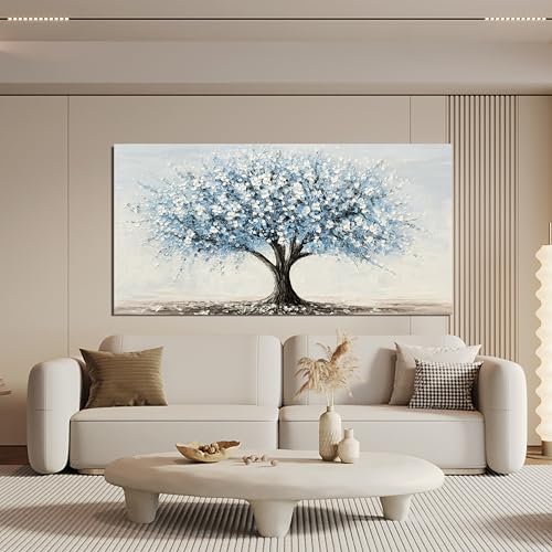 Vintage White Blue Wall Art for Bedroom Tree of Life Wall Art 24"X48"