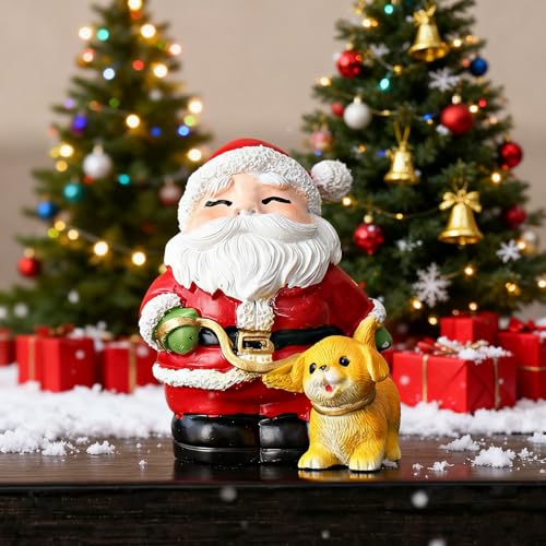 Christmas Santa Claus Figurine Xmas Table Ornaments Funny Statue Artificial Stone Material Sculpture Claus Walking a Dog Statue Christmas Decor for Birthday Party Gift Winter Home Holiday Decor
