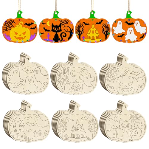 36PCS Wooden Pumpkins Ornaments to Paint Halloween Thanksgiving Decoration Cutouts Unfinished 3.5 inches (36 Count)