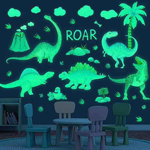 Dinosaur Wall Decals Glow in The Dark Dinosaur Wall Stickers Watercolor Dinosaur Decal Large Removable Vinyl Dino Wall Decals for Boys Bedroom Kids Girls Nursery Playroom Living Room Wall Decor Green (4 Count)