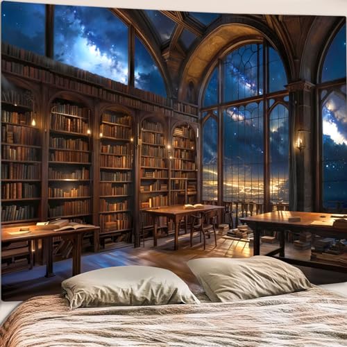 Gothic Library Tapestry Vintage Medieval Bookshelf Tapestries Wall Hanging Fantasy Space Academia Book Extra Large Tapestry for Bedroom Living Room Dorm Classroom 90 x 68 inch