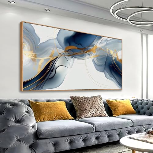 Wall Art Abstract Painting Modern Art Gold and Blue Background Canvas Prints Pictures for Living Room Bedroom Artwork Home Decor Framed 20x40inch