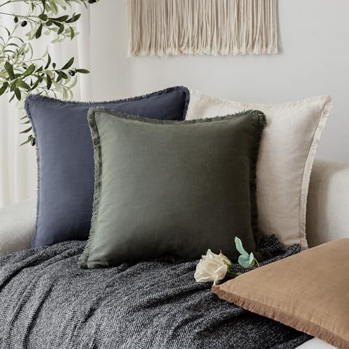 Decorative Linen Fringe Throw Pillow Covers 24×24 Dark Green (2 Count)