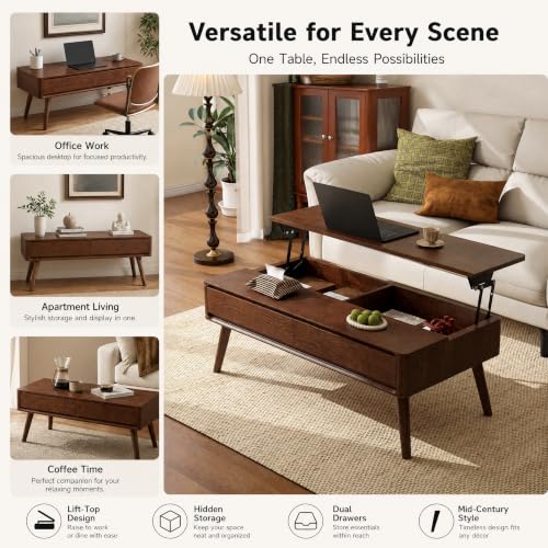 Solid Oak Wood Lift Top Coffee Table for Living Room