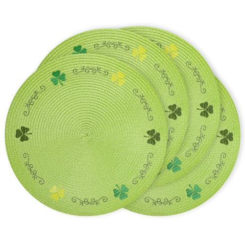 4Pcs Round St. Patrick's Day Placemat Embroidered Shamrock Place Mats Green Clover Dinner Table Mats for Home Spring Irish Holiday Birthday Party Decor (4 Count)