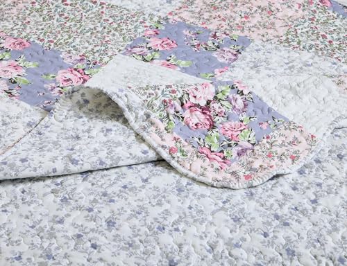 Blue & Pink Roses Toile Lively Patchwork Quilt Set