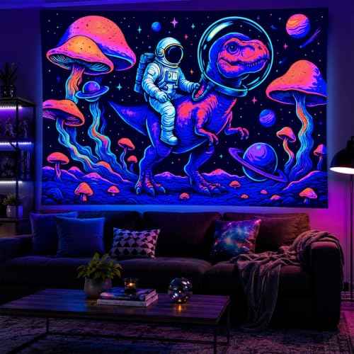 Blacklight Tapestry Astronaut Dinosaur Wall Art 78 x 59 Inch