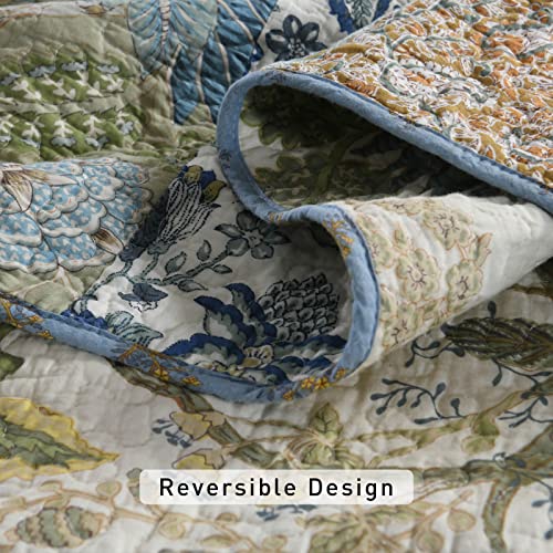 Quilt Set King Bedspread Reversible Green Farmhouse Garden Coverlet Real Patchwork Quilt Set for All Seasons with Pillowcases