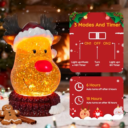 Christmas Snow Globe Reindeer Lighted Musical Glitter Globe Battery Operated or USB Powered with Timer Water Glittering Snowing Globe for Christmas Party Home Table Decorations Gifts