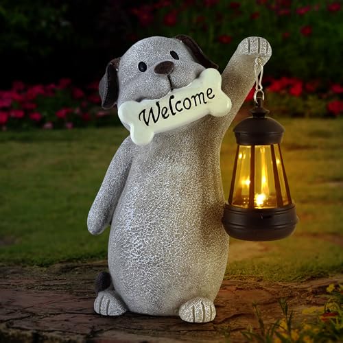 Solar Dog Garden Statue with Lantern Light