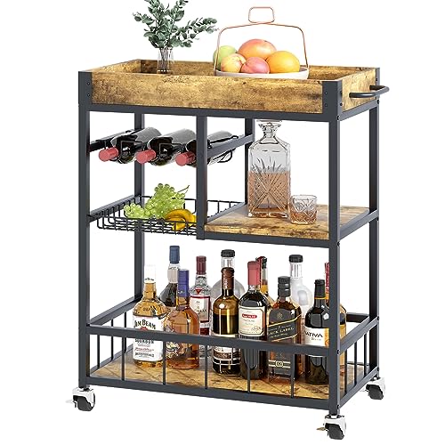 Bar Cart with Basket Wine Rack with Wheels Wood Metal Cart