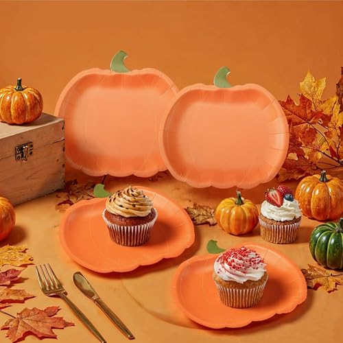 Pumpkin Party Plates Fall Paper Plates Disposable Dessert Shaped Tableware for Halloween Birthday Baby Shower Halloween Classroom Autumn Harvest Thanksgiving Party Favor Decorations 24pcs (24 Count)