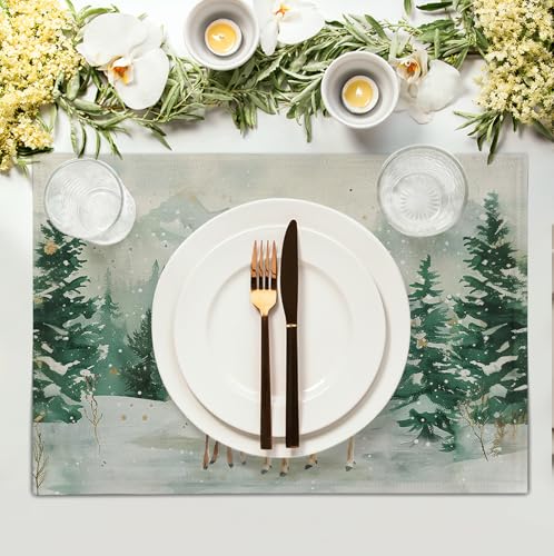 Christmas Watercolor Deer Trees Snowflakes Placemats Set of 4 Winter Rustic Nature Forest Linen Table Mat 12x18 Inch Seasonal Farmhouse Washable Place Mats for Dining Table Kitchen Xmas Decor (4 Count)