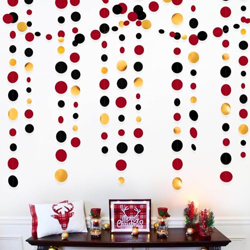 Gold Black Red Party Decorations Circle Dots Streamer Hanging Paper Polka Dots Garland for Graduation Birthday Wedding Anniversary Holiday Pirate Poker Casino Las Vegas Party Supplies