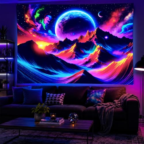 Blacklight Tapestry Mountain Galaxy UV Wall Art 78 x 59 Inch