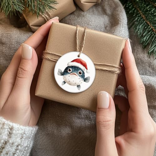 Funny Santa Pufferfish Christmas Ceramic Ornament
