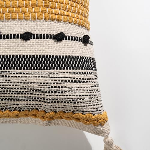 Boho Decorative Throw Pillow Cover 22x22 Square Yellow Mustard Accent Pillowcase Tassels Farmhouse Cushion for Couch Sofa Bedroom Living Room Home Décor Cover ONLY