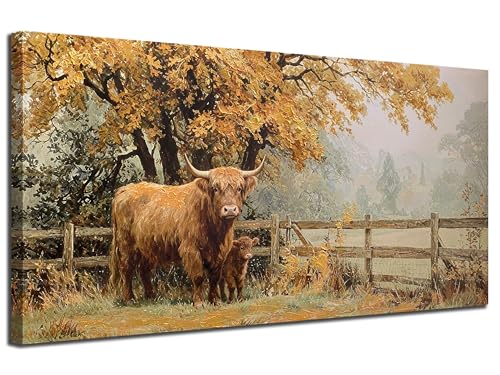 Highland Cow Canvas Wall Art Rustic Farm Animal Painting Landscape Framed Large Artwork Farmhouse Wall Art for Living Room Bedroom Home Office Dining Room Kitchen Wall Decor