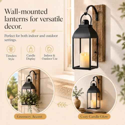 Lanterns Decorative Indoor 15" 11" Set of 2 Black Metal Lantern with Candle (2 Count)