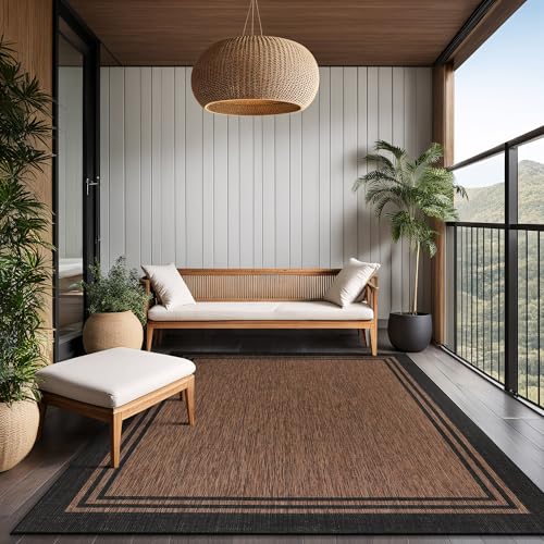 Bordered Outdoor Rug 10x14 Washable Outside Carpet for Indoor Patio Porch Waterproof Easy Cleaning Non Shedding Area Rugs Nut Brown 10 x 14