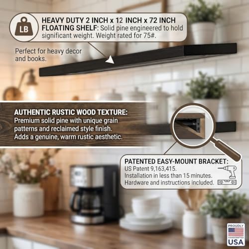 Joel’s Antiques 72 Inch Wooden Floating Shelves for Wall