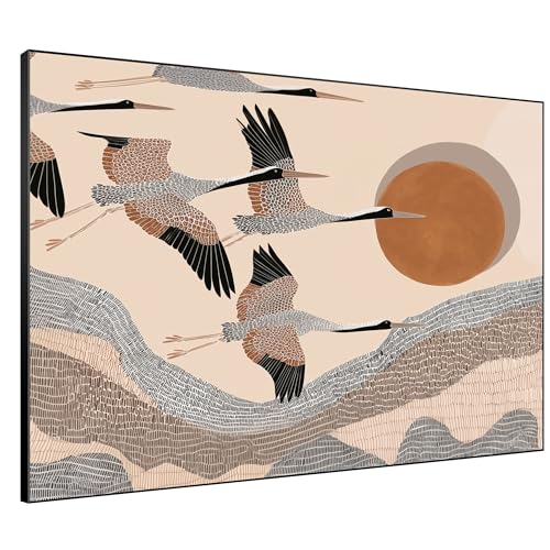 46"x60" Extra Large Framed Wall Art Flying Cranes Over Sunlit Hills Illustration for Home Living Room Bedroom Decor