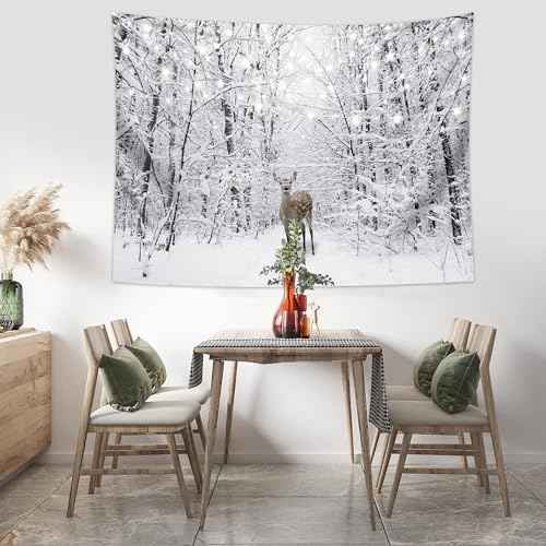 Winter Tapestry Wall Hanging Snow Scene Backdrop Winter Wonderland Wall Decor Snowy Forest Wall Art Nature Woodland Deer Tapestry for Bedroom Room Dorm Party Decoration