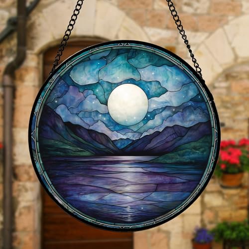 Blue Moon Lake Stained Glass Window Hanging Suncatcher Gift for Women 9.8"