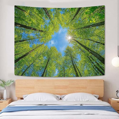 Nature Forest Tree Celling Tapestry Lush Green Treetops Sunlit Tapestry for Bedroom Aesthetic Sky Sunlight Canopy Leaves Landscape Tapestries Wall Hanging for Living Room Dorm Office 60 x 44 Inch