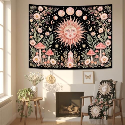 Boho Pink Sun Moon Phase Daisy Flower Mushroom Tapestry 60 x 44 Inch